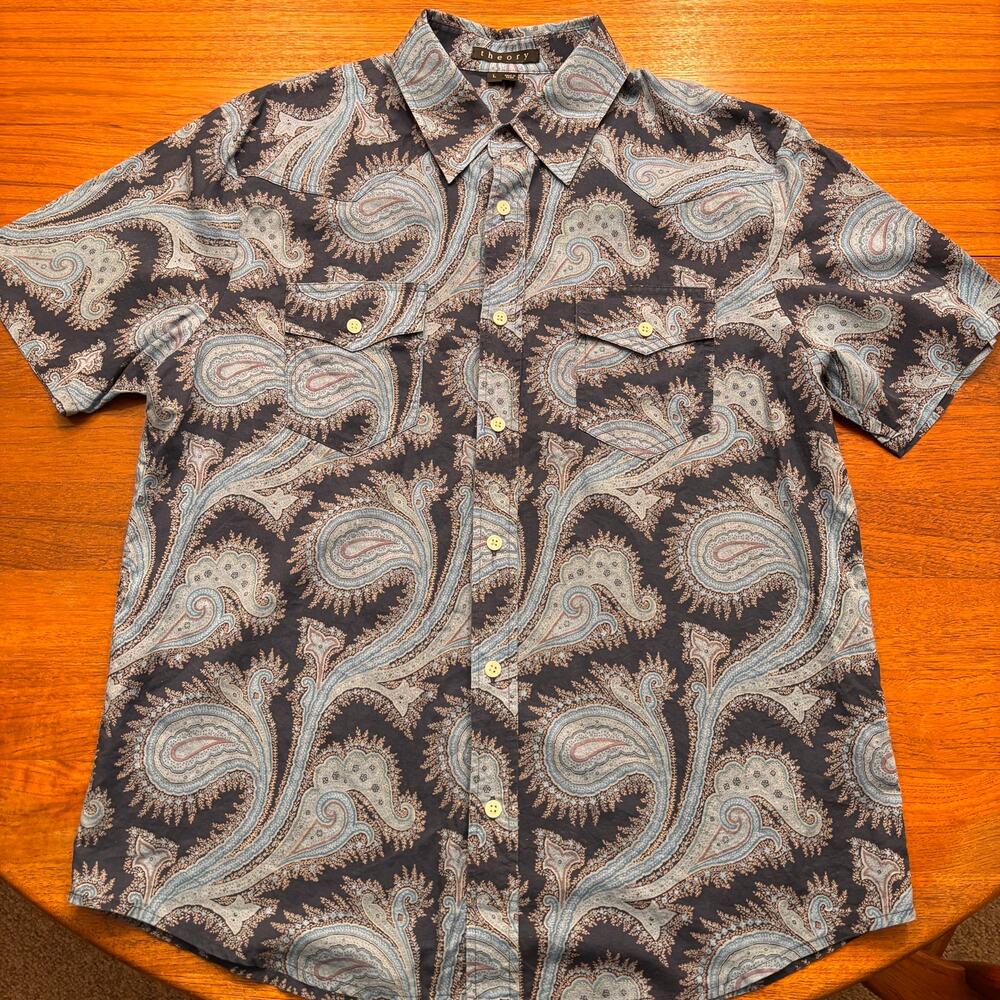 Theory Men's Blue Plaid Print Short Sleeve Button Down Shirt Size Large